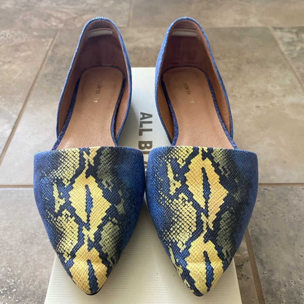 EUC All Black Loretto D'Orsay flat in blue/yellow